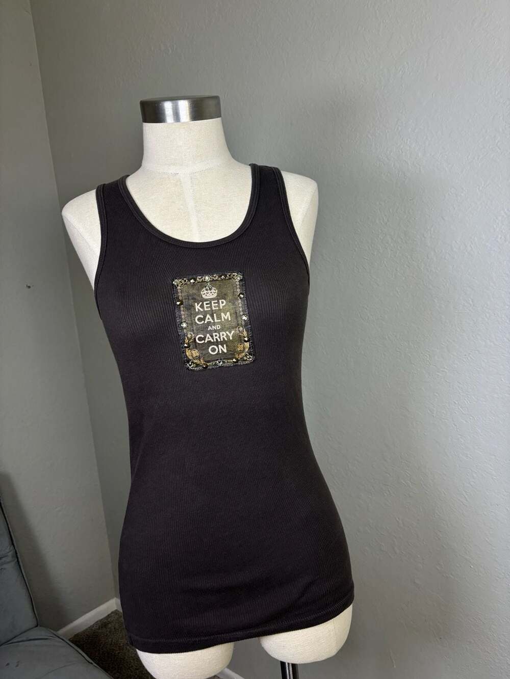 KBD Keep Calm and Carry On Graphic Ribbed Tank Top